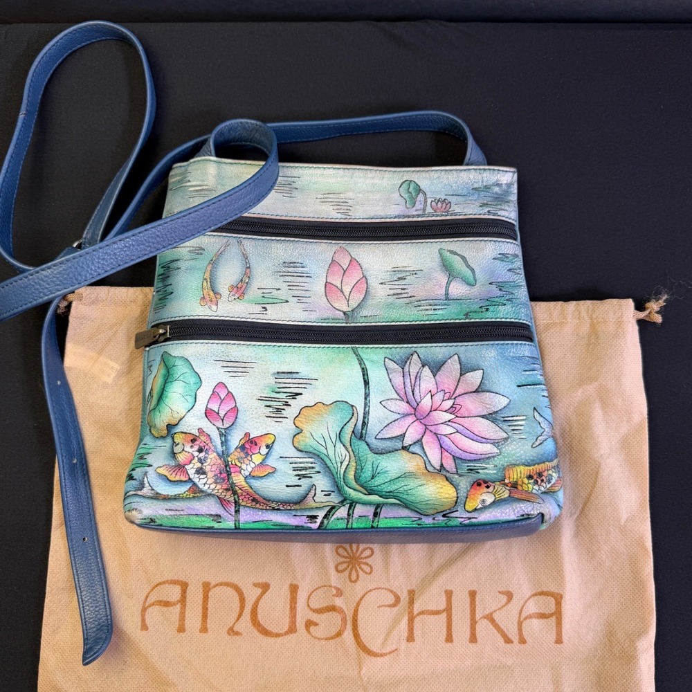 Anuschka Hand Painted Leather Crossbody Bag Blue Koi Fish Lotus Pond Art Purse